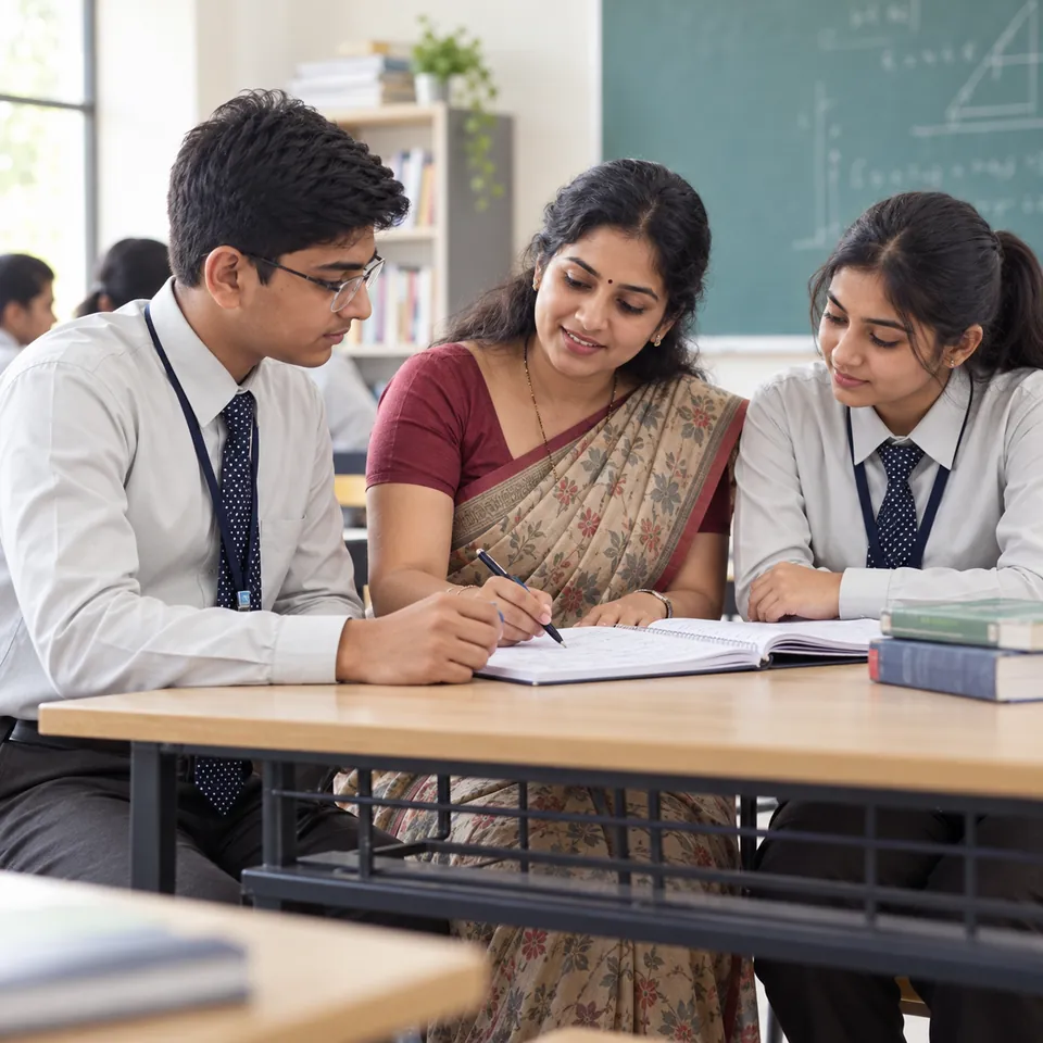 Illustration of a teacher guiding uniformed students