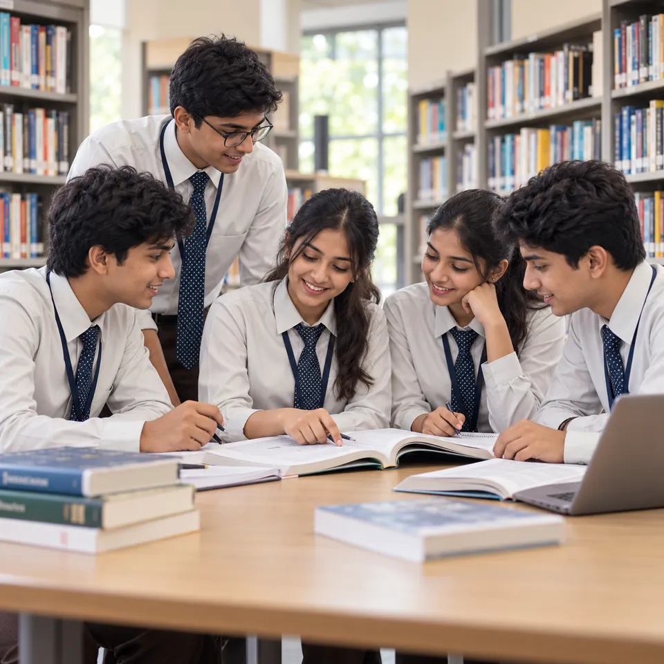 Illustration of a diverse group of uniformed students learning together